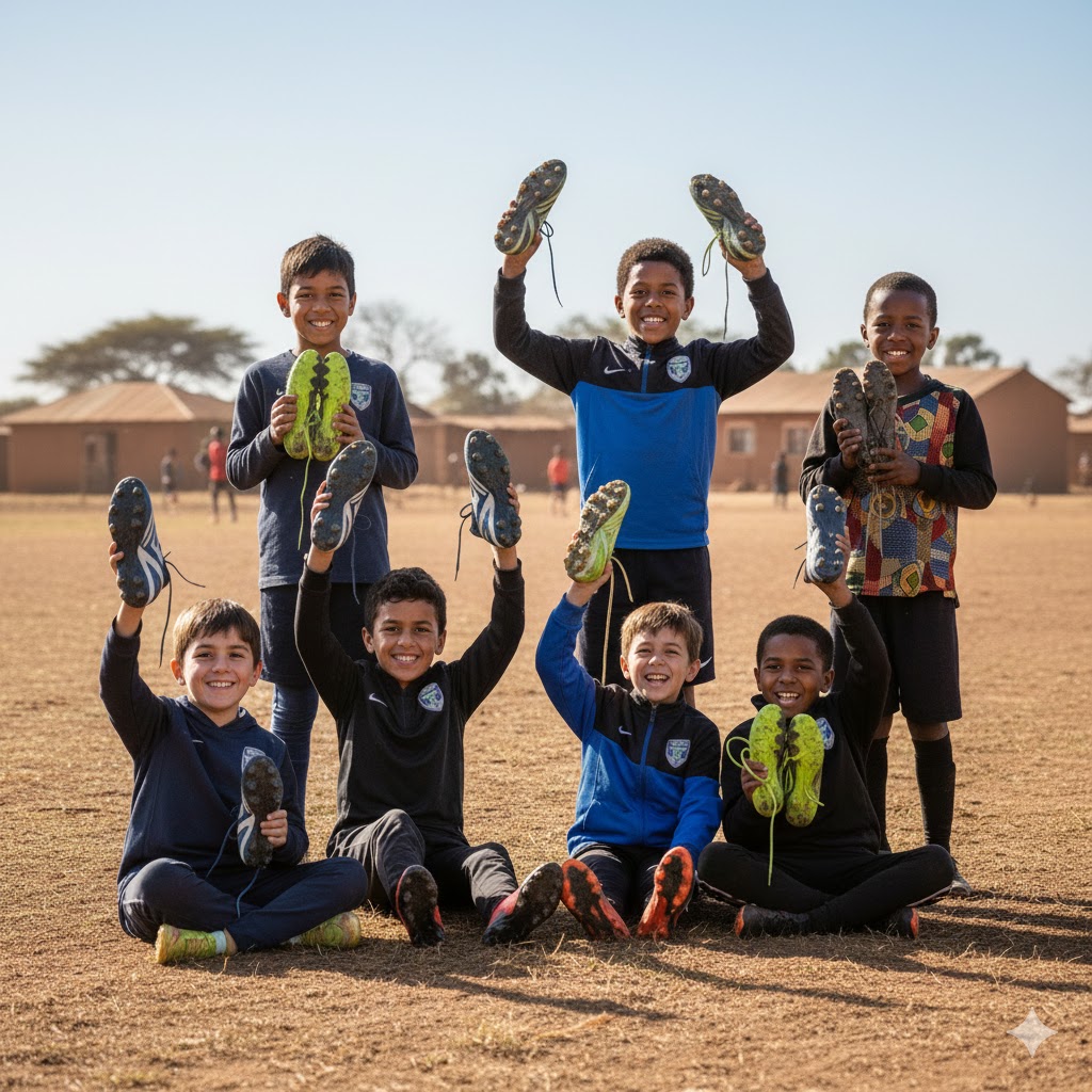 Kids holding up donated football boots