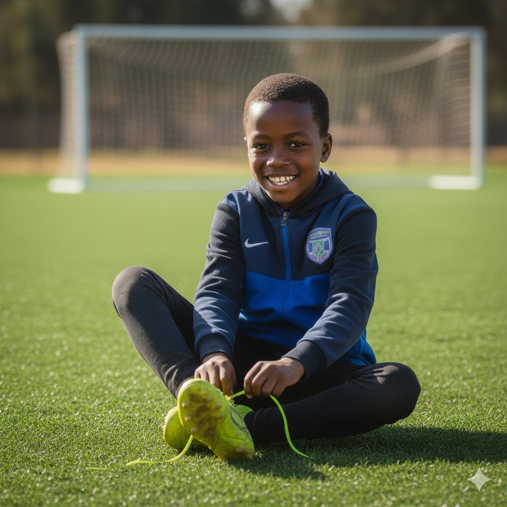 Smiling player wearing donated boots